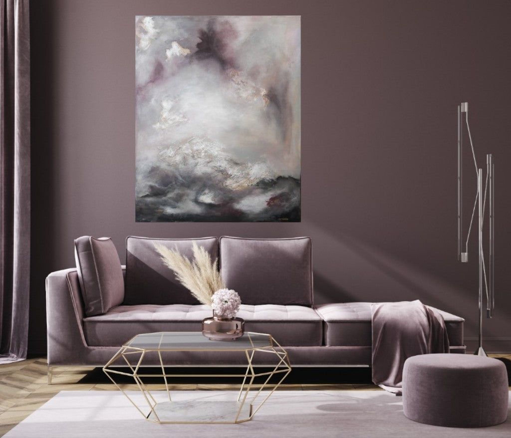 Large abstract landscape painting with shades of gray and purple. 